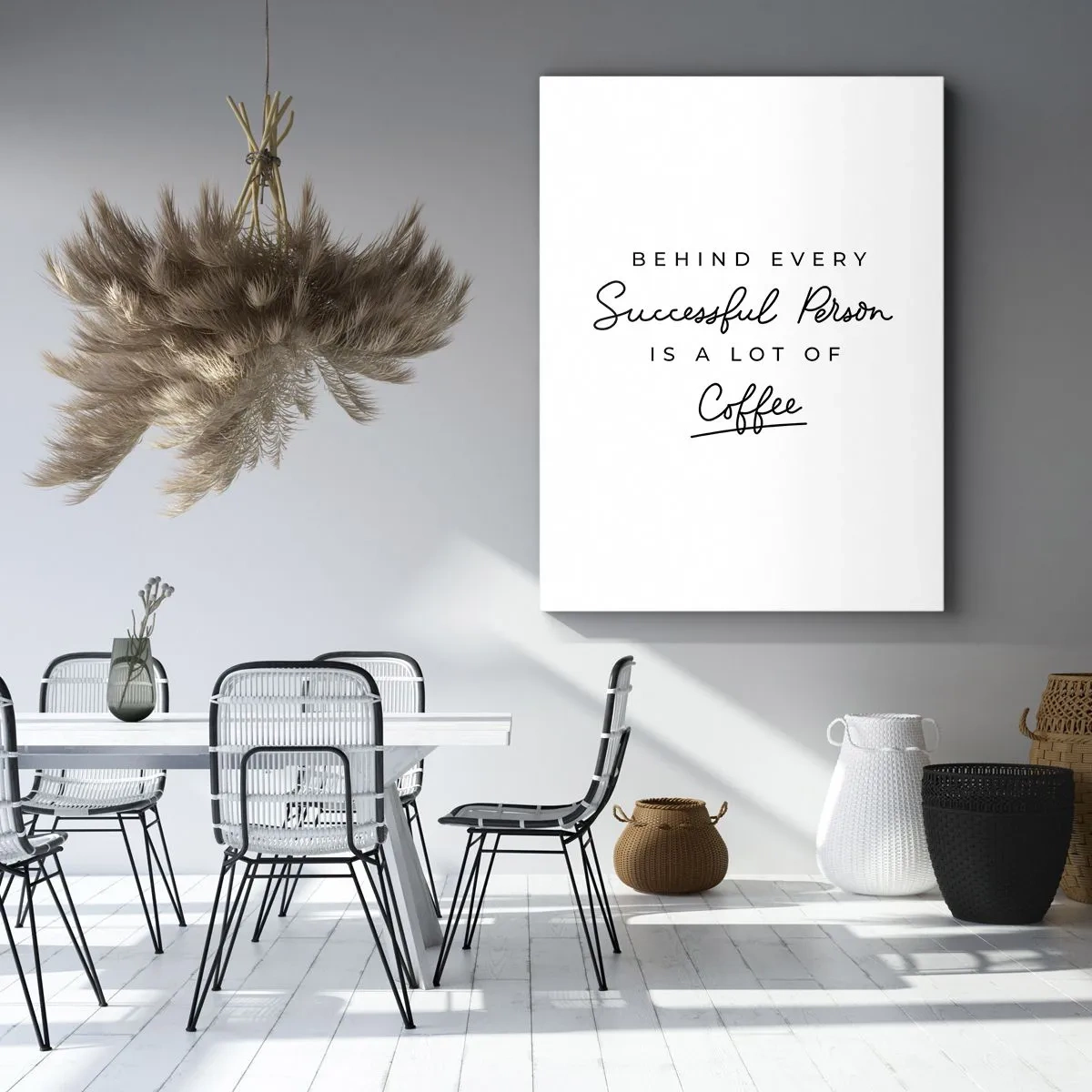 Bild auf Leinwand - Leinwandbild - Ein minimalistisches Zitat über Erfolg und Kaffee auf weißem Hintergrund. - 50x70cm - Erfolgsgeheimnis - Moderne Wanddekoration für Wohnzimmer und Schlafzimmer ARTTOR