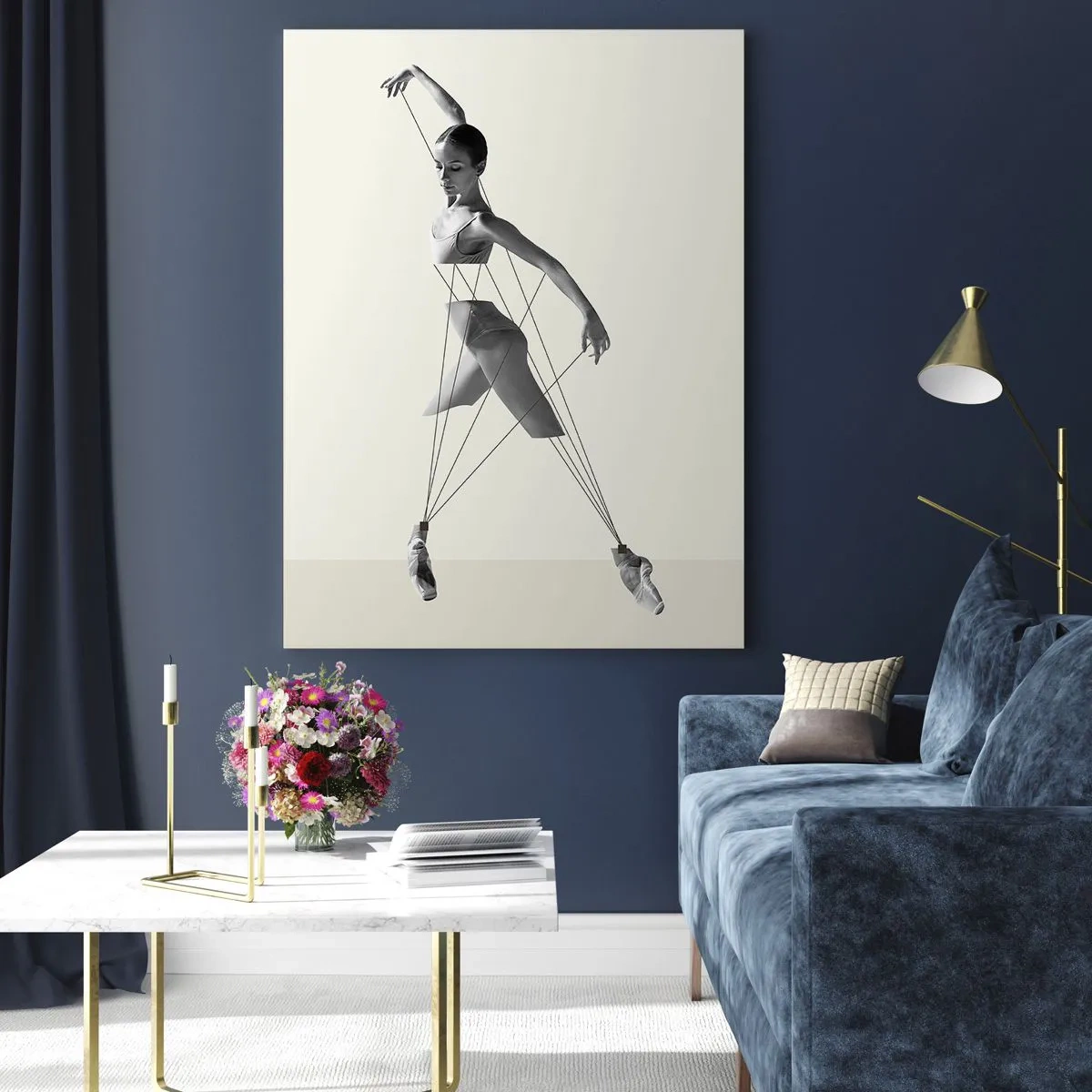 Glasbild - Bild auf glas - Ballerina in geometrischer Interpretation mit Linien - 80x120cm - Im Theater der Welt - Moderne Wanddekoration für Wohnzimmer und Schlafzimmer ARTTOR