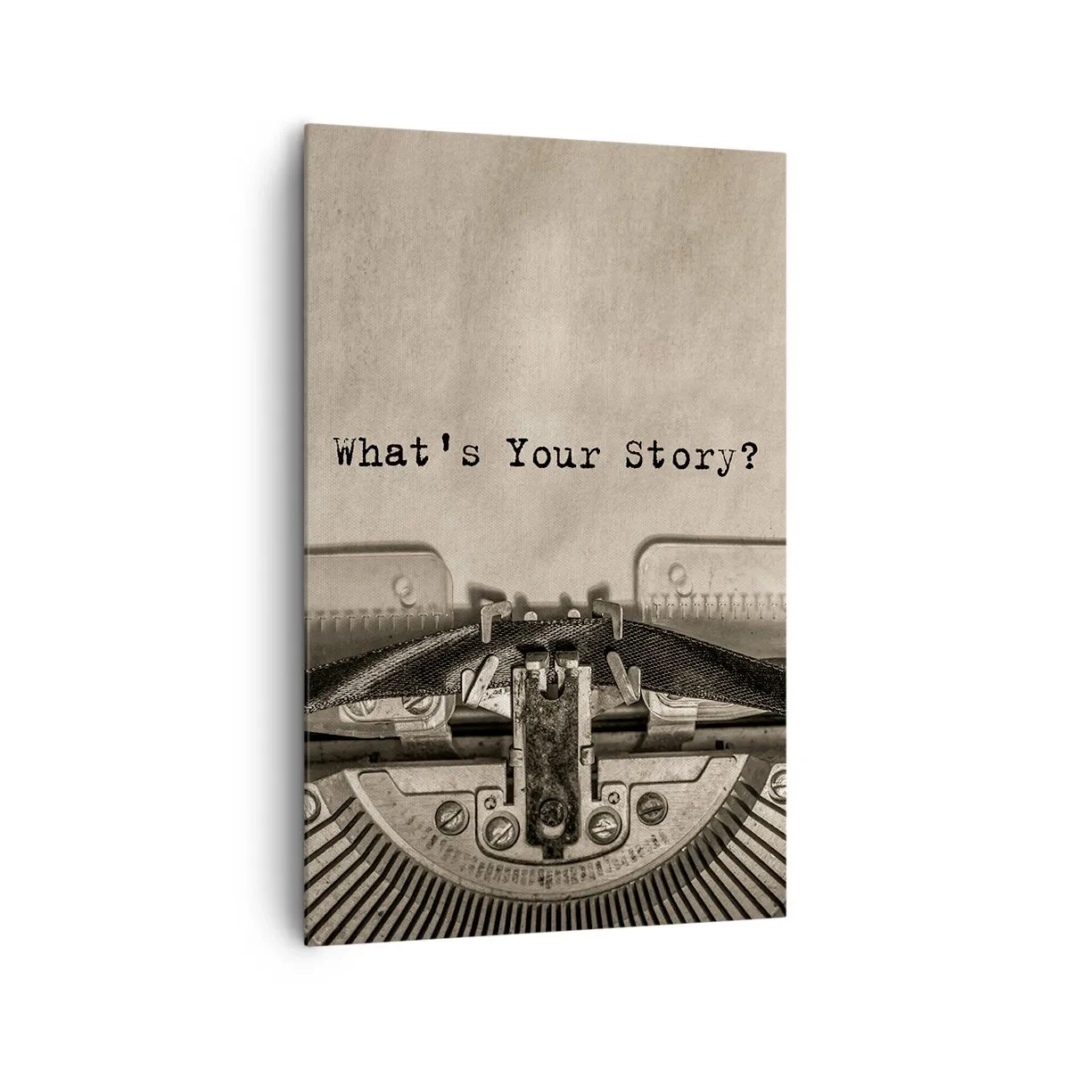 Bild auf Leinwand - Leinwandbild - Eine Schreibmaschine mit den Worten „Was ist Ihre Geschichte?“ - 80x120cm - Erzähl es mir - Moderne Wanddekoration für Wohnzimmer und Schlafzimmer ARTTOR
