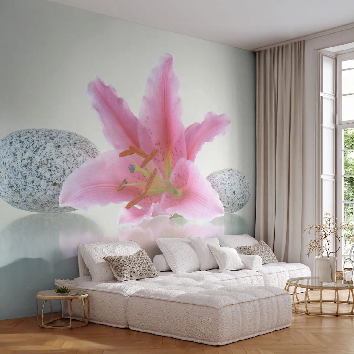 Fototapete Premium Sand - Eine Studie in Pink, Grau und Weiß - Blumen, Lilie, Steine - 500x350 cm