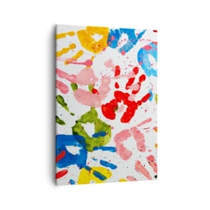 Bild auf Leinwand - Leinwandbild - Bunte Handabdrücke auf weißem Hintergrund - 50x70cm - Folgen Sie den Spuren - Moderne Wanddekoration für Wohnzimmer und Schlafzimmer ARTTOR