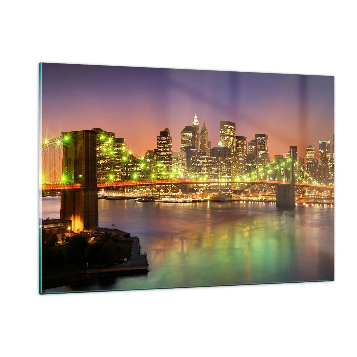 Glasbild - Bild auf glas - Beleuchtete Brücke über den Fluss mit Panoramablick auf die Stadt in der Abenddämmerung - 120x80cm - Hier geht das Licht nie aus - Moderne Wanddekoration für Wohnzimmer und Schlafzimmer ARTTOR