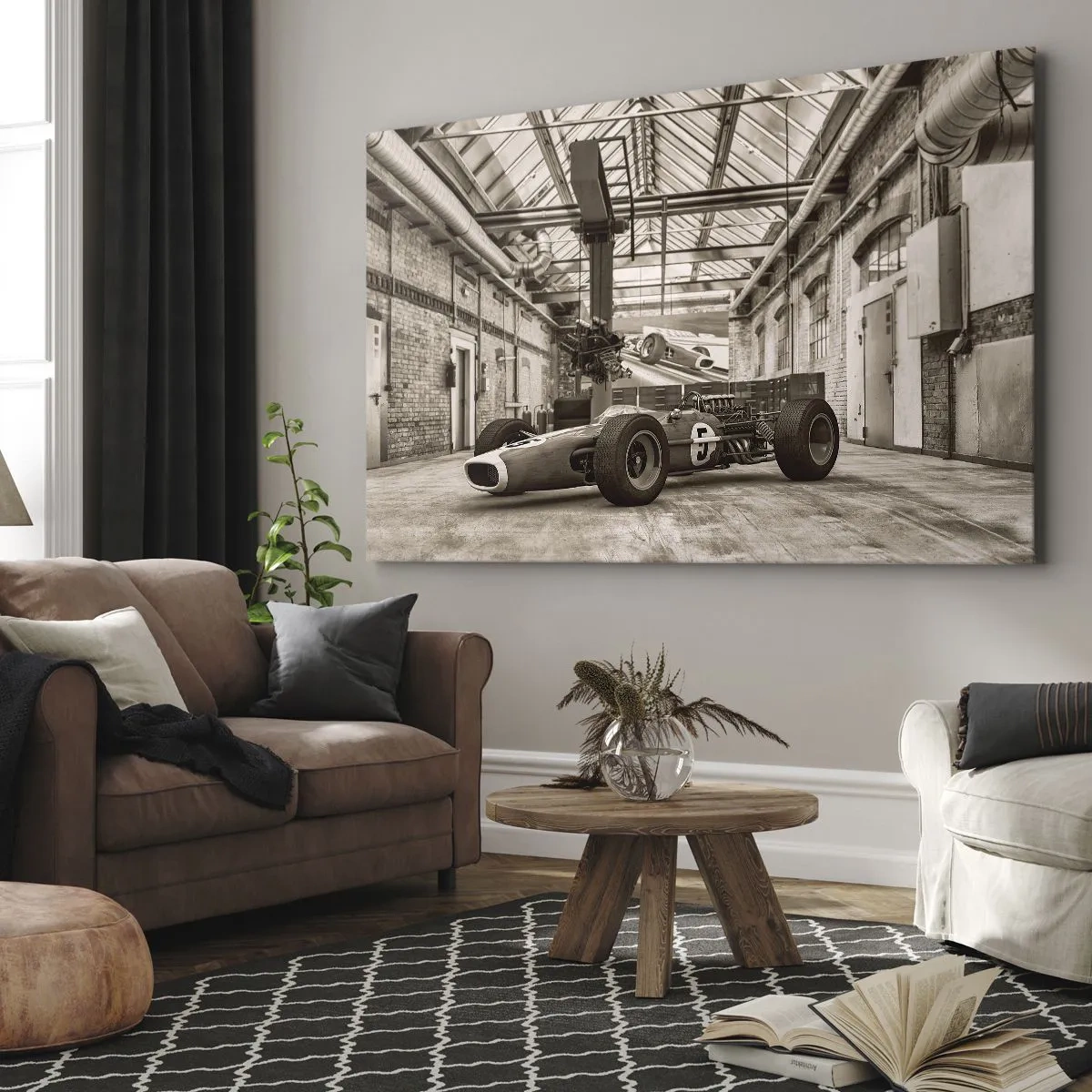 Bild auf Leinwand - Leinwandbild - Schwarz-weißer Rennwagen in einem industriellen Interieur - 120x80cm - Die Siegerruhe - Moderne Wanddekoration für Wohnzimmer und Schlafzimmer ARTTOR