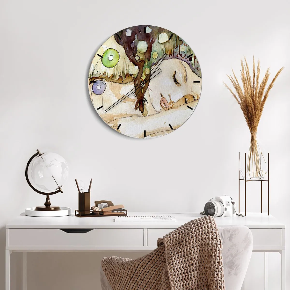 Wanduhr - Glasuhr - Abstraktes Aquarell mit einem weiblichen Gesichtsmotiv - 30x30cm - Ein smaragd-violetter Traum - Moderne Wanddekoration für Wohnzimmer, Küche und Schlafzimmer ARTTOR