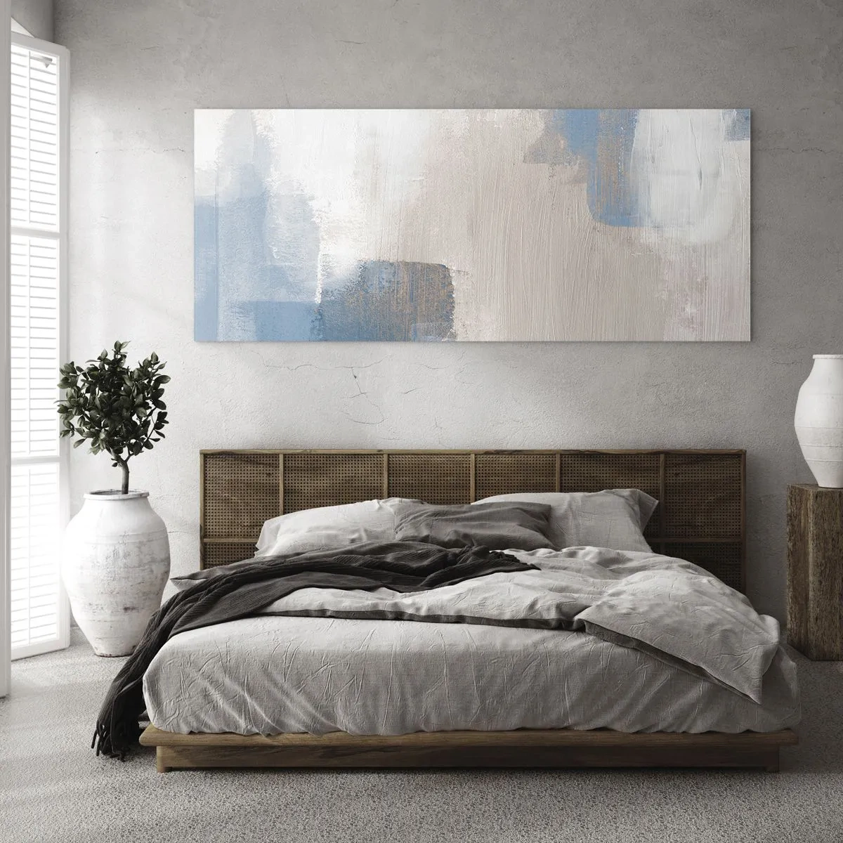 Glasbild - Bild auf glas - Abstrakte Formen in Blau- und Beigetönen - 140x50cm - Rosa Abstraktion hinter einem blauen Vorhang - Moderne Wanddekoration für Wohnzimmer und Schlafzimmer ARTTOR