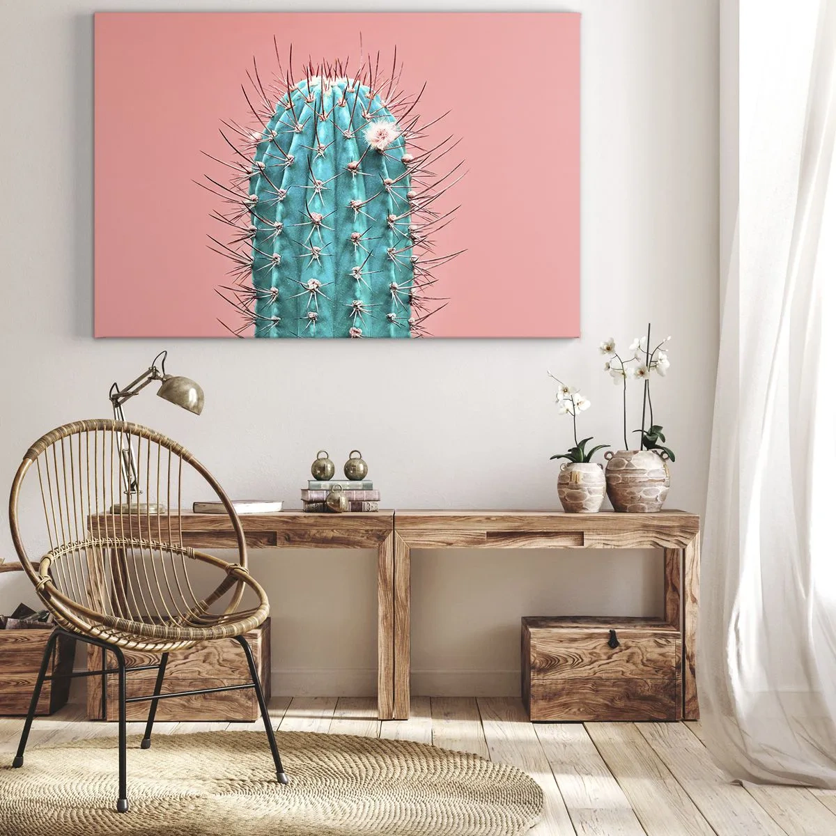 Bild auf Leinwand - Leinwandbild - Eine künstlerische Interpretation eines Kaktus auf rosa Hintergrund - 70x50cm - Schau einfach hin - Moderne Wanddekoration für Wohnzimmer und Schlafzimmer ARTTOR