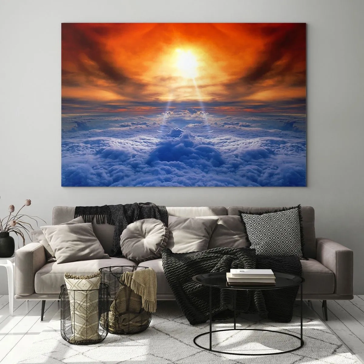 Glasbild - Bild auf glas - Wolken, die von den Strahlen der untergehenden Sonne beleuchtet werden - 70x50cm - Mystische Landschaft - Moderne Wanddekoration für Wohnzimmer und Schlafzimmer ARTTOR