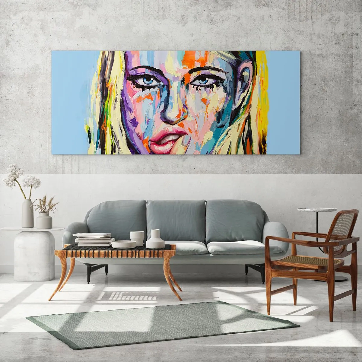 Glasbild - Bild auf glas - Farbenfrohes Porträt einer Frau im abstrakten Stil - 160x50cm - Schau ihr direkt in die Augen - Moderne Wanddekoration für Wohnzimmer und Schlafzimmer ARTTOR