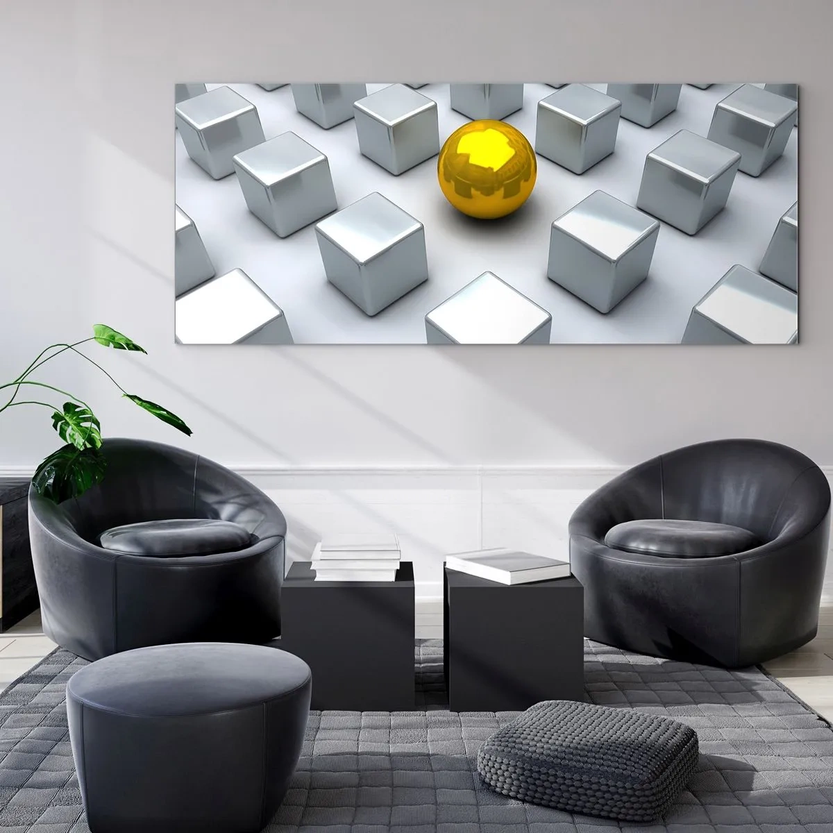 Glasbild - Bild auf glas - Eine goldene Kugel, die zwischen den silbernen Würfeln hervorsticht - 120x50cm - Warum ich? Geometrische Zusammensetzung - Moderne Wanddekoration für Wohnzimmer und Schlafzimmer ARTTOR