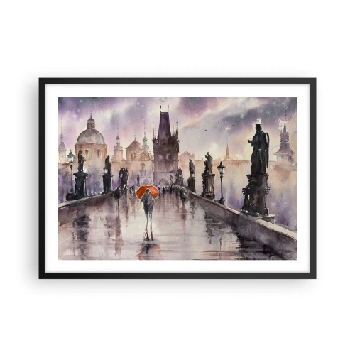 Poster in einem schwarzem Rahmen - Romantischer Blick auf eine Brücke mit einem Regenschirm vor der Kulisse einer abendlichen Stadt - 70x50cm - Leute verändern sich nicht - Moderne Wanddekoration für Wohnzimmer und Schlafzimmer ARTTOR