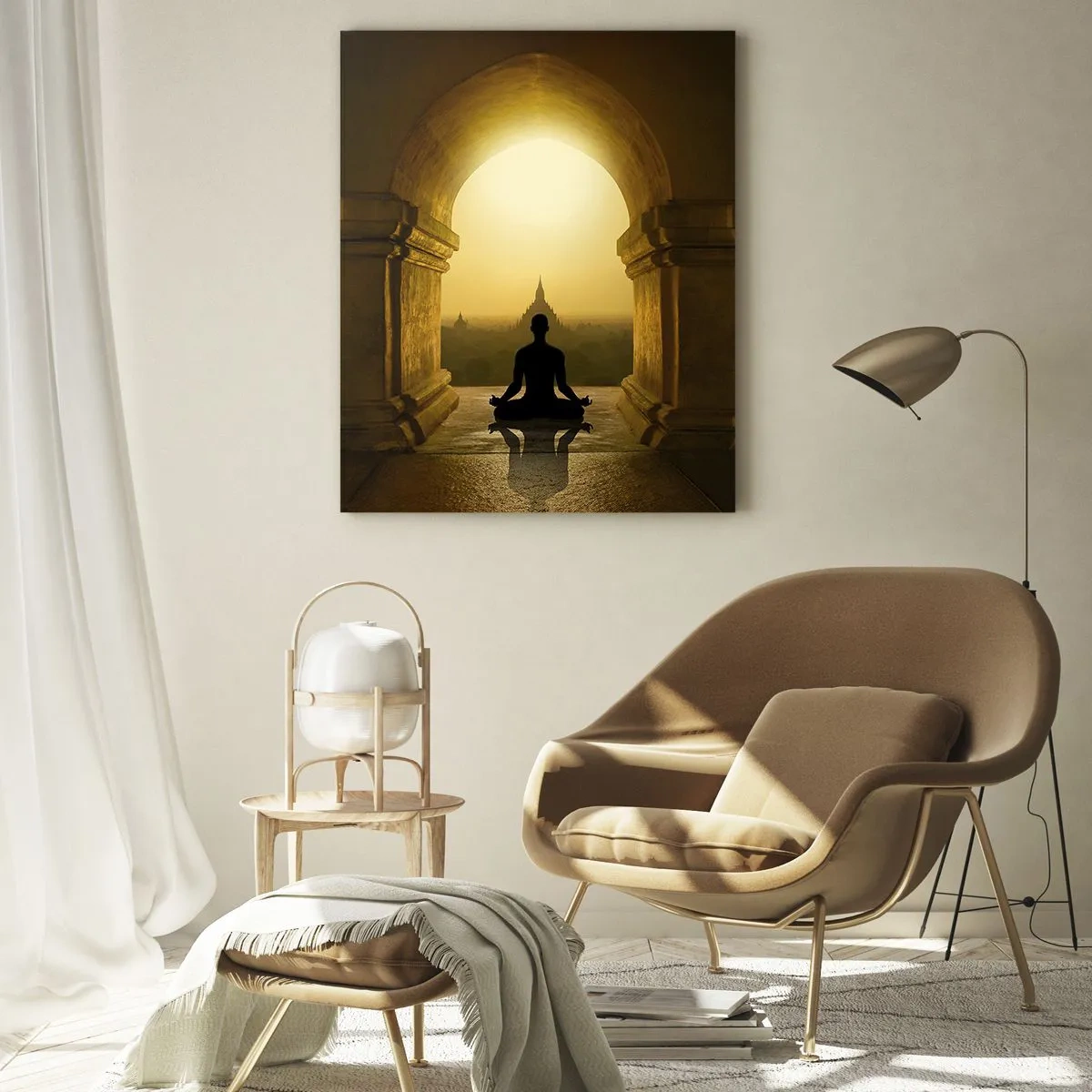 Glasbild - Bild auf glas - Silhouette einer meditierenden Person im Licht der untergehenden Sonne in einem architektonischen Bogen - 50x70cm - Vollkommene Harmonie - Moderne Wanddekoration für Wohnzimmer und Schlafzimmer ARTTOR