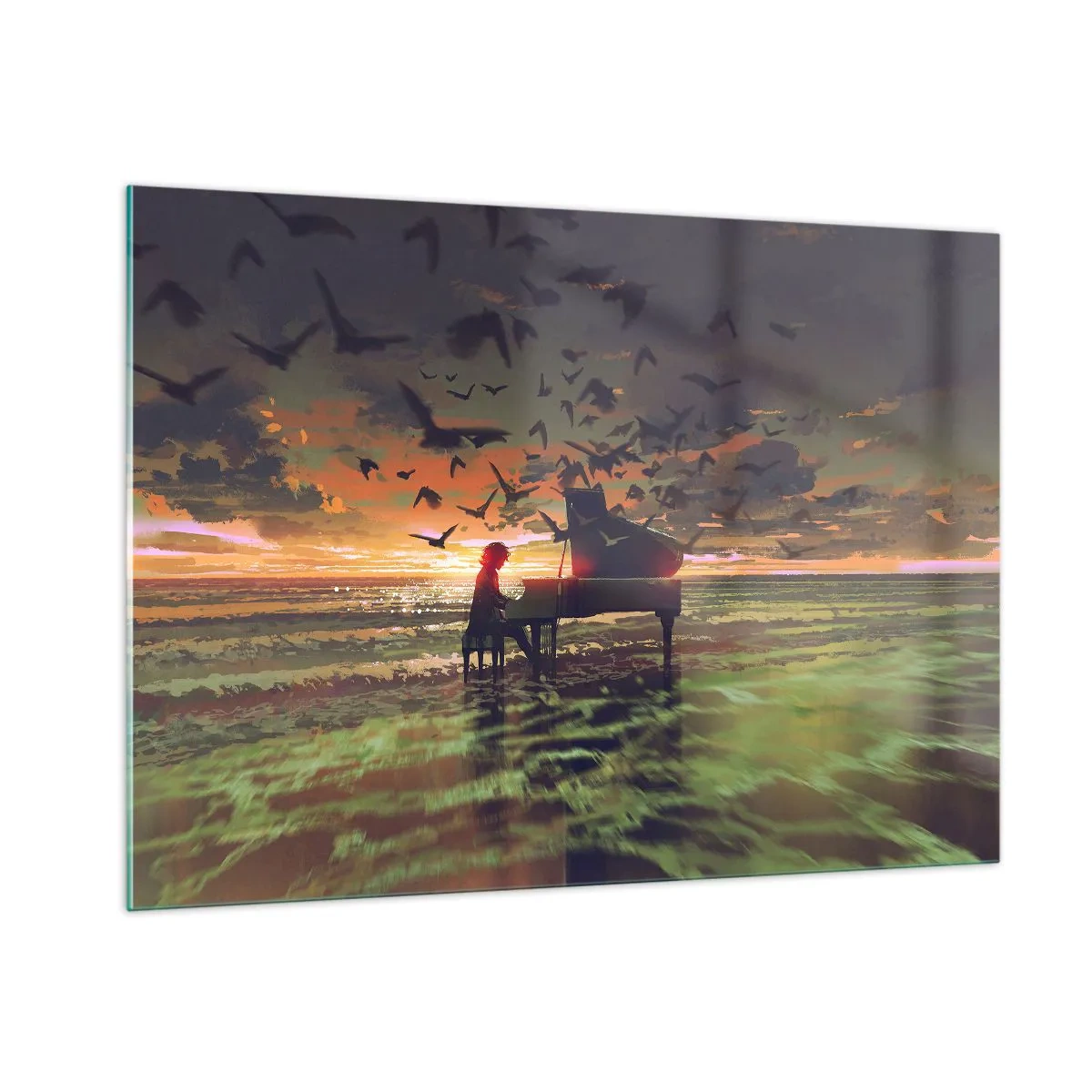 Glasbild - Bild auf glas - Pianist spielt Klavier am Strand bei Sonnenuntergang - 100x70cm - Konzert für Klavier und Wellen - Moderne Wanddekoration für Wohnzimmer und Schlafzimmer ARTTOR