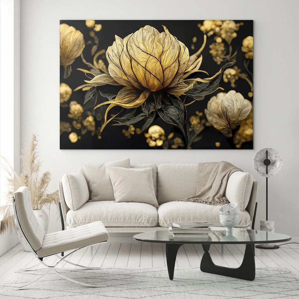 Glasbild - Bild auf glas - Goldene Blumen auf schwarzem Hintergrund in einer eleganten Komposition - 100x70cm - Subtile Zerbrechlichkeit - Moderne Wanddekoration für Wohnzimmer und Schlafzimmer ARTTOR