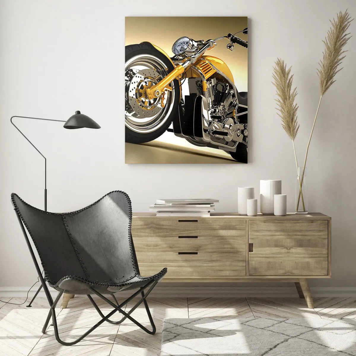 Glasbild - Bild auf glas - Ein goldenes Custom-Motorrad vor hellem Hintergrund - 50x70cm - Ein Traum von Kraft und Geschwindigkeit - Moderne Wanddekoration für Wohnzimmer und Schlafzimmer ARTTOR