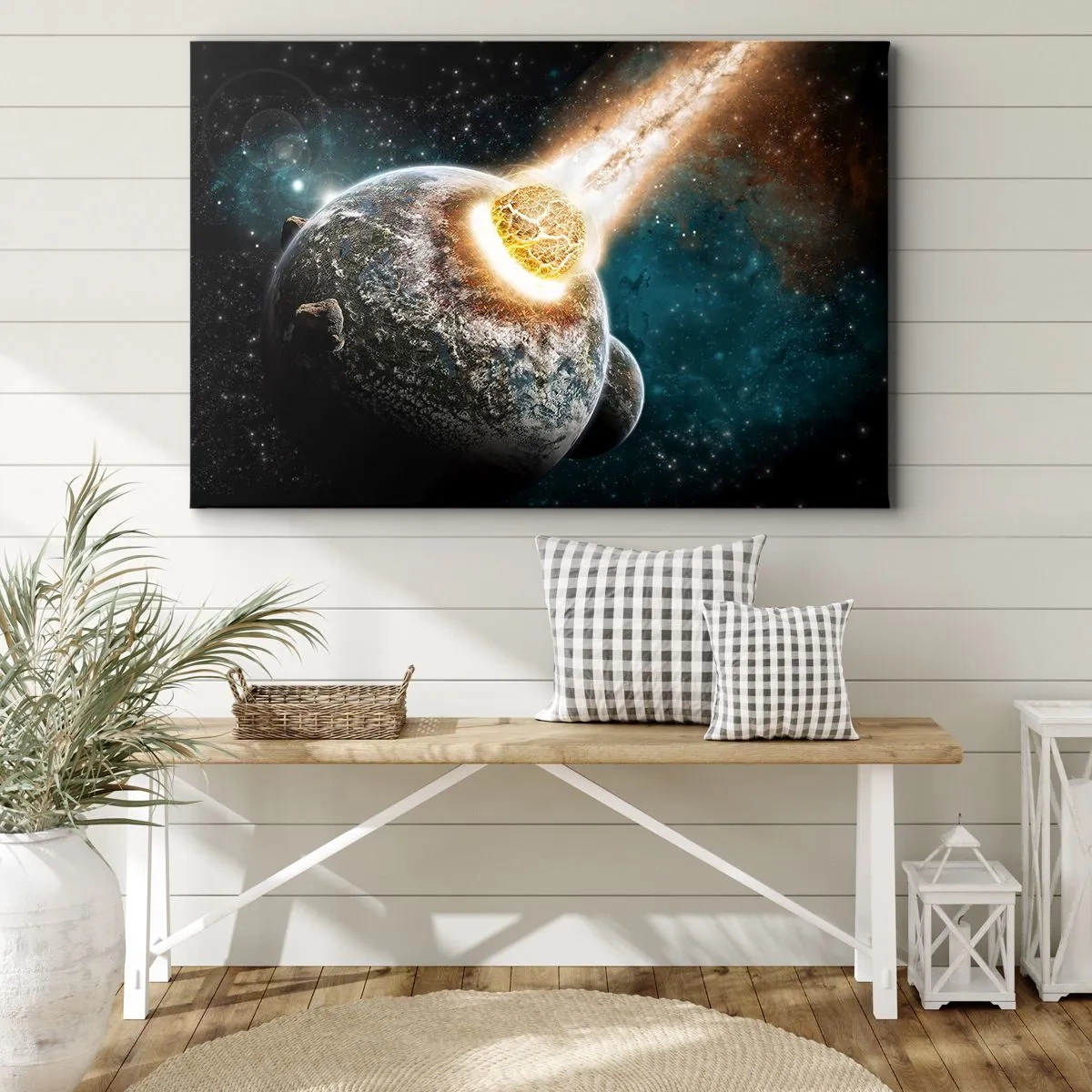 Bild auf Leinwand - Leinwandbild - Kosmische Kollision eines Planeten mit einem Asteroiden in der Nähe der Galaxie. - 120x80cm - Holocaust oder Geburt? - Moderne Wanddekoration für Wohnzimmer und Schlafzimmer ARTTOR