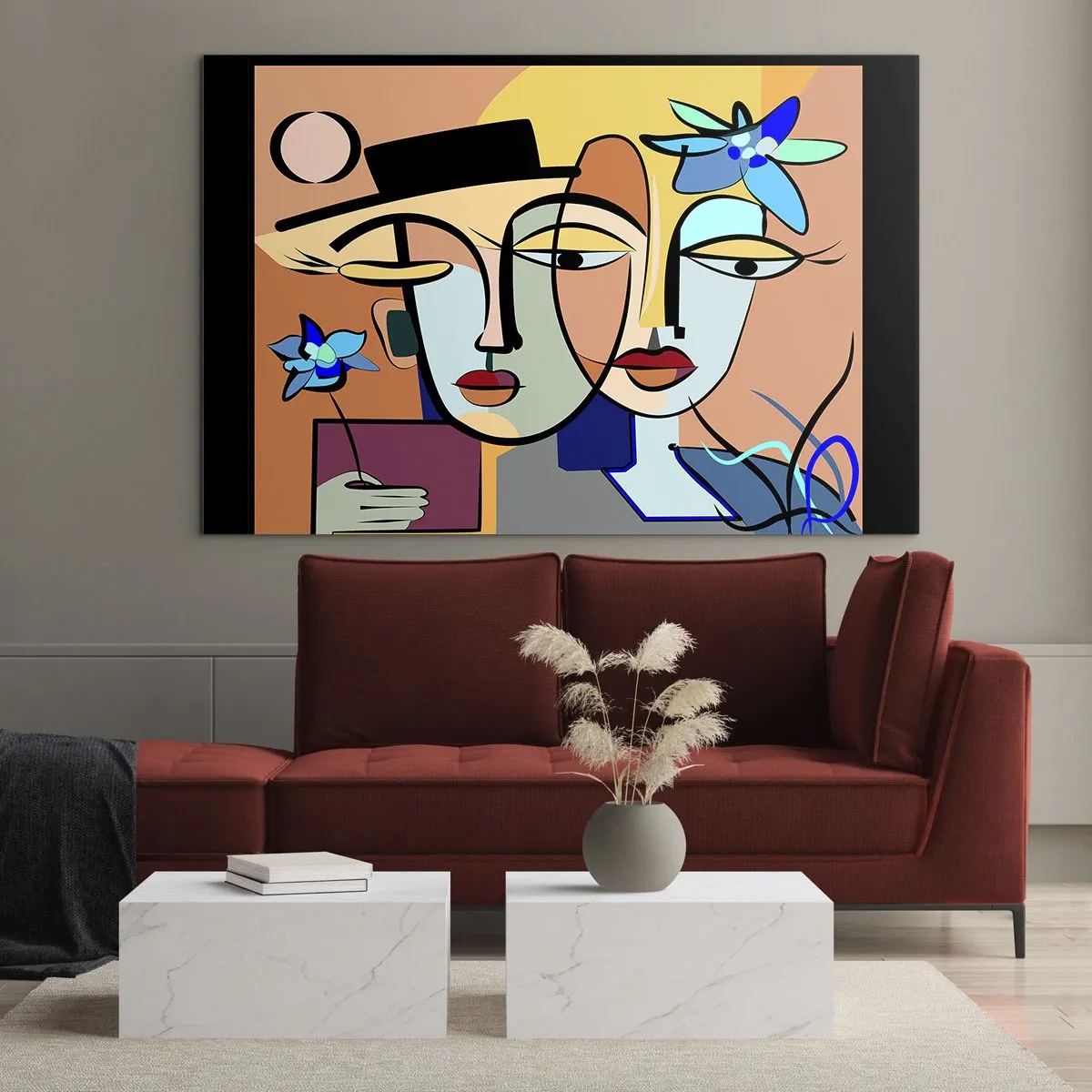 Glasbild - Bild auf glas - Bunte Gesichter im kubistischen Stil mit Blumen - 120x80cm - Picassos randez vous - Moderne Wanddekoration für Wohnzimmer und Schlafzimmer ARTTOR