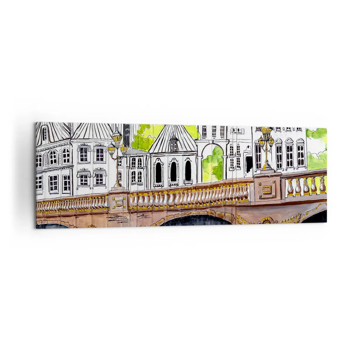 Bild auf Leinwand - Leinwandbild - Zeichnung der Brücke und historische Stadtarchitektur - 160x50cm - Die Stadt ist gemalt - Moderne Wanddekoration für Wohnzimmer und Schlafzimmer ARTTOR