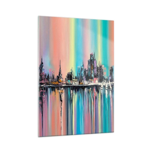 Glasbild - Bild auf glas - Abstraktes Stadtpanorama mit mehrfarbigem Hintergrund - 50x70cm - Um das Licht der Nacht herunterzufallen - Moderne Wanddekoration für Wohnzimmer und Schlafzimmer ARTTOR