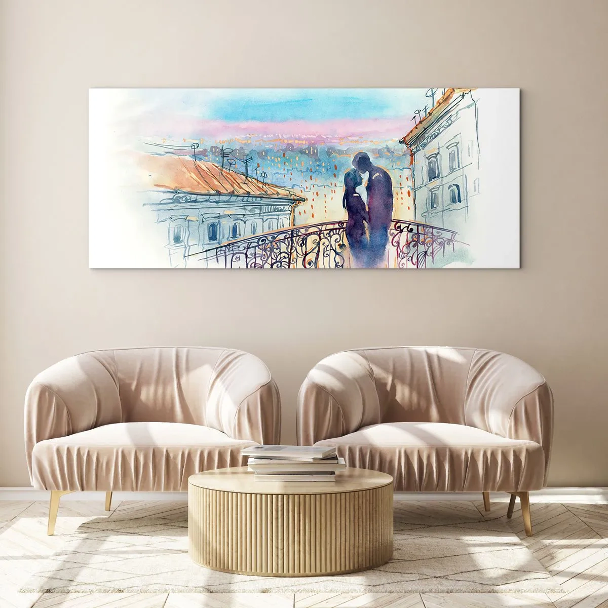 Glasbild - Bild auf glas - Romantisches Paar auf einem Balkon mit Blick auf die Stadt - 140x50cm - Paris-Liebhaber - Moderne Wanddekoration für Wohnzimmer und Schlafzimmer ARTTOR