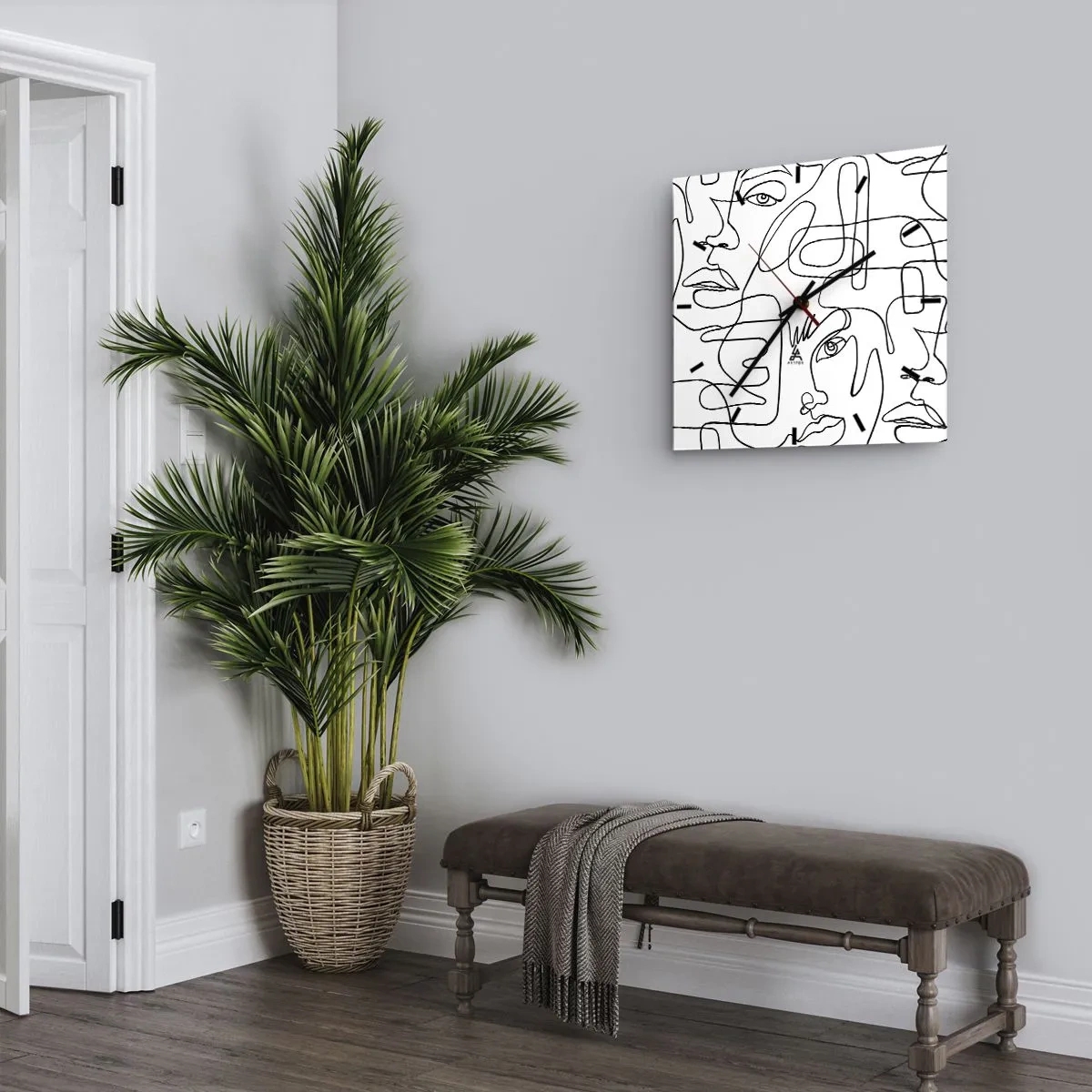 Wanduhr - Glasuhr - Eine minimalistische Zeichnung eines Gesichts mit Linien auf hellem Hintergrund. - 30x30cm - In verworrenen Gefühlen - Moderne Wanddekoration für Wohnzimmer und Schlafzimmer ARTTOR