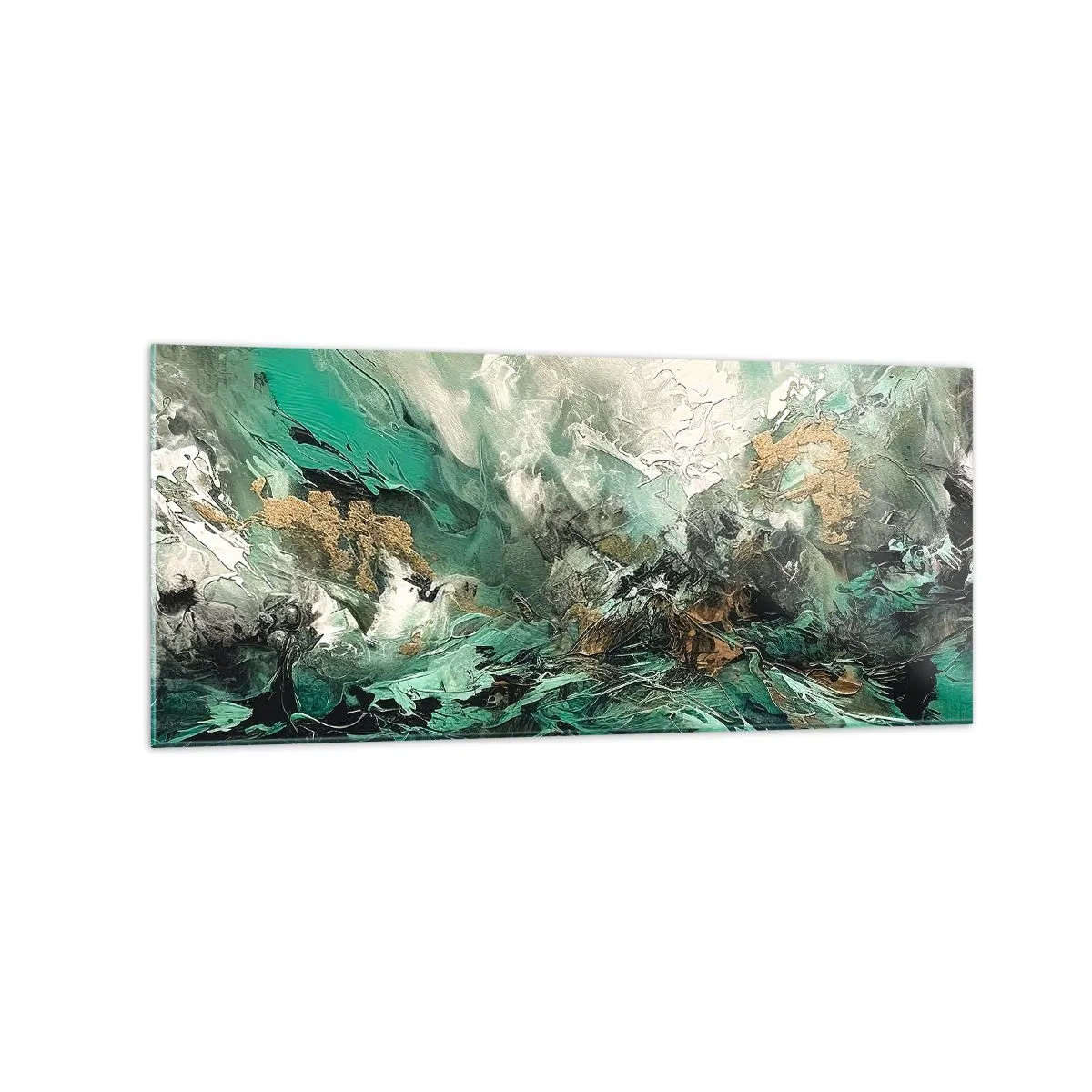 Glasbild - Bild auf glas - Abstrakte Landschaft in Grün- und Goldtönen - 120x50cm - Smaragdgrüne und schwarze Brandung - Moderne Wanddekoration für Wohnzimmer und Schlafzimmer ARTTOR