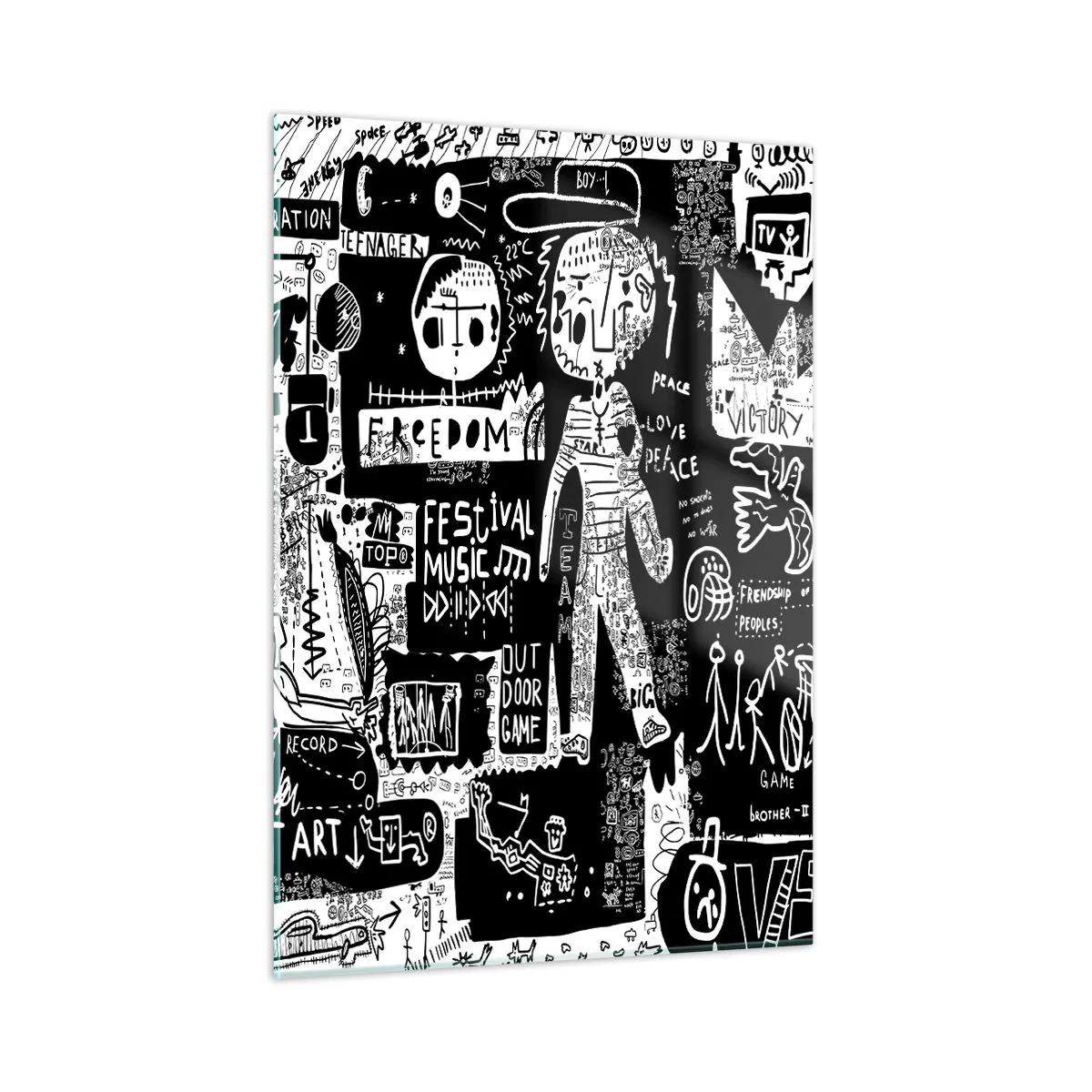 Glasbild - Bild auf glas - Schwarz-weiße Grafiken im Street-Art-Stil mit Figuren und Symbolen - 50x70cm - Spirituelle Jugend des Gesetzes und der Freude - Moderne Wanddekoration für Wohnzimmer und Schlafzimmer ARTTOR