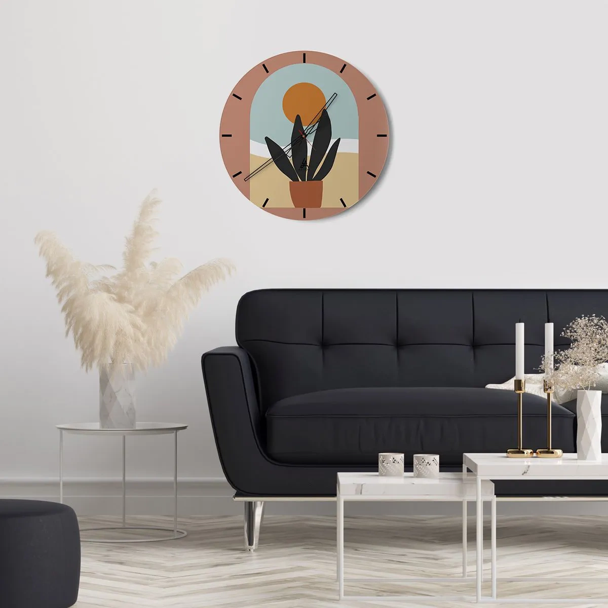 Wanduhr - Glasuhr - Eine minimalistische Topfpflanze vor dem Hintergrund der Sonne - 30x30cm - Kleine Freuden - Moderne Wanddekoration für Wohnzimmer, Küche und Schlafzimmer ARTTOR