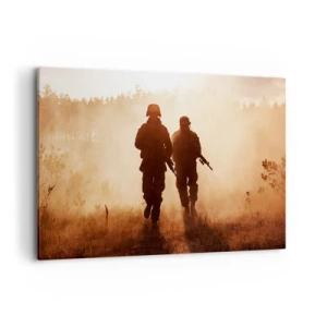 Bild auf Leinwand - Leinwandbild - Soldaten marschieren im Morgennebel vor der Kulisse der Natur - 120x80cm - Ruf der Pflicht - Moderne Wanddekoration für Wohnzimmer und Schlafzimmer ARTTOR