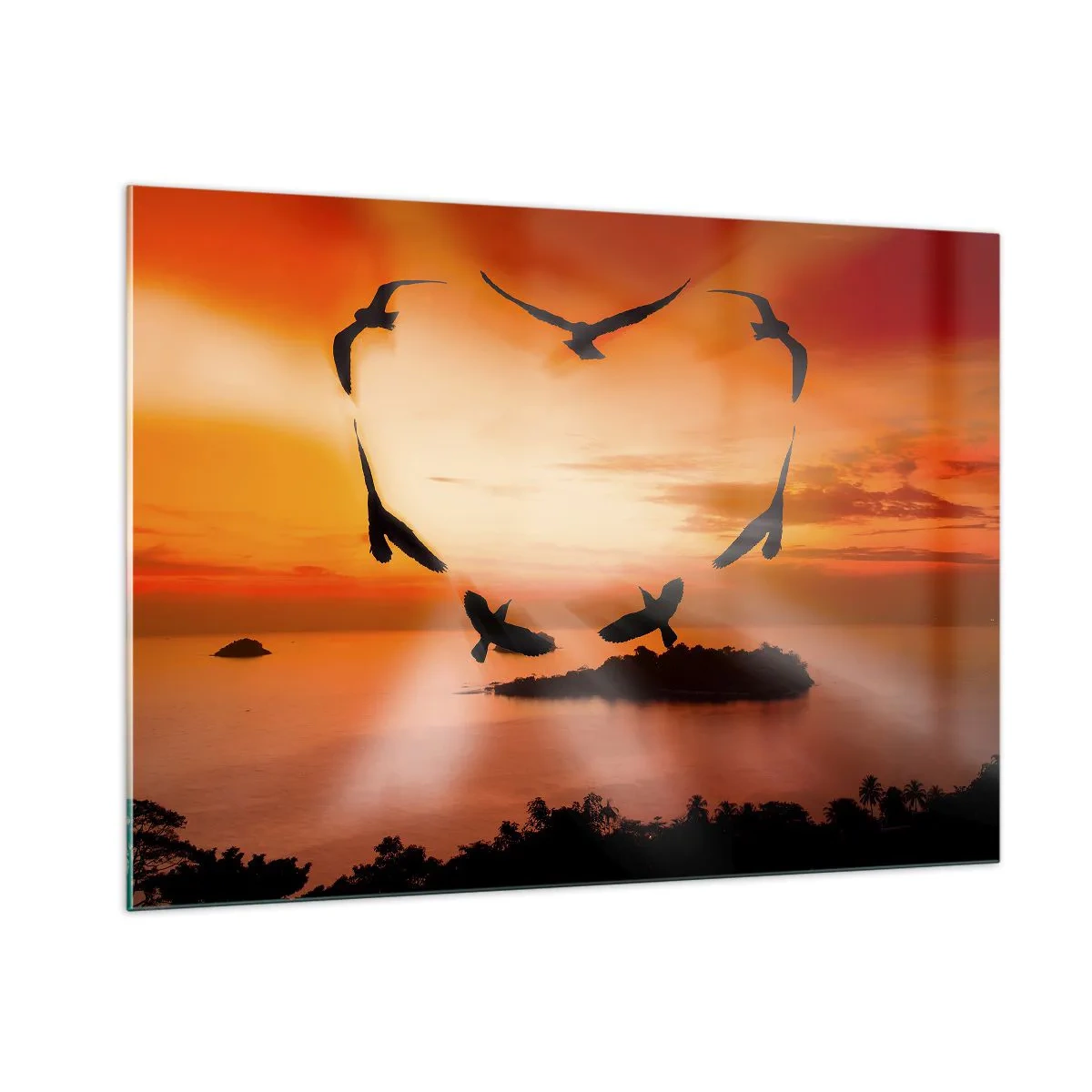 Glasbild - Bild auf glas - Vögel bilden ein Herz vor dem Hintergrund eines Sonnenuntergangs - 100x70cm - Liebe die Welt wie Vögel - Moderne Wanddekoration für Wohnzimmer und Schlafzimmer ARTTOR