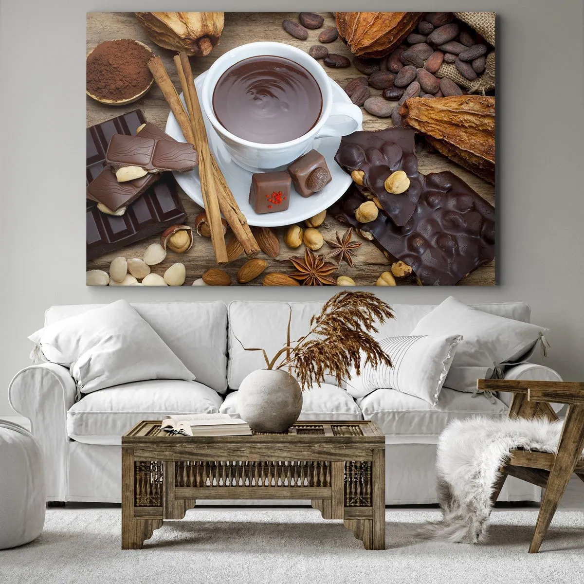 Bild auf Leinwand - Leinwandbild - Eine Tasse heiße Schokolade, umgeben von Dessertzutaten - 70x50cm - Aus einer märchenhaften Schokoladenfabrik - Moderne Wanddekoration für Wohnzimmer und Schlafzimmer ARTTOR