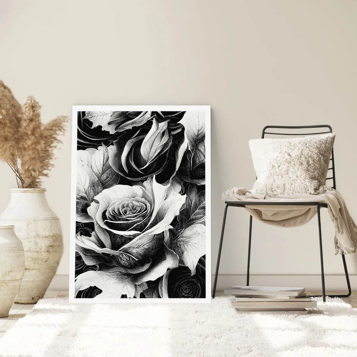 Poster - Eine schwarz-weiße Komposition aus Rosen mit ausdrucksstarkem Hell-Dunkel - 50x70cm - Immer Königin - Moderne Wanddekoration für Wohnzimmer und Schlafzimmer ARTTOR