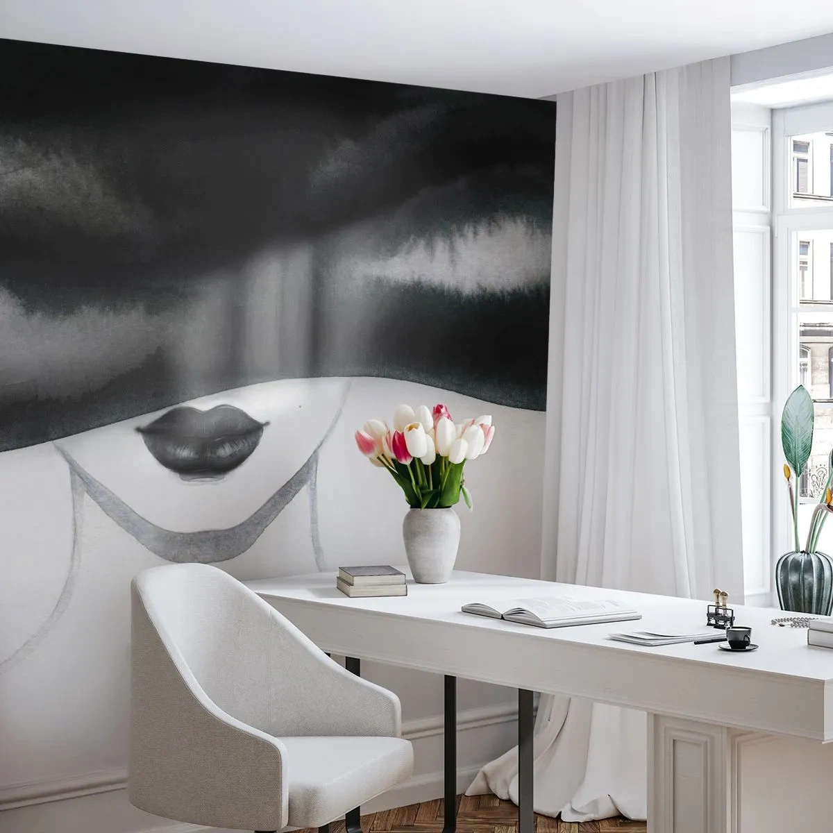 Fototapete Premium Canvas - Ein subtiles Porträt einer Frau, deren Gesicht in einem monochromen Stil bedeckt ist. - 100x70cm - Ein sinnliches Geheimnis - Moderne Wanddekoration für Wohnzimmer und Schlafzimmer ARTTOR