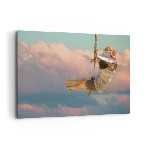 Bild auf Leinwand - Leinwandbild - Frau auf einer Schaukel zwischen rosa Wolken - 120x80cm - Spaß in den Wolken - Moderne Wanddekoration für Wohnzimmer und Schlafzimmer ARTTOR