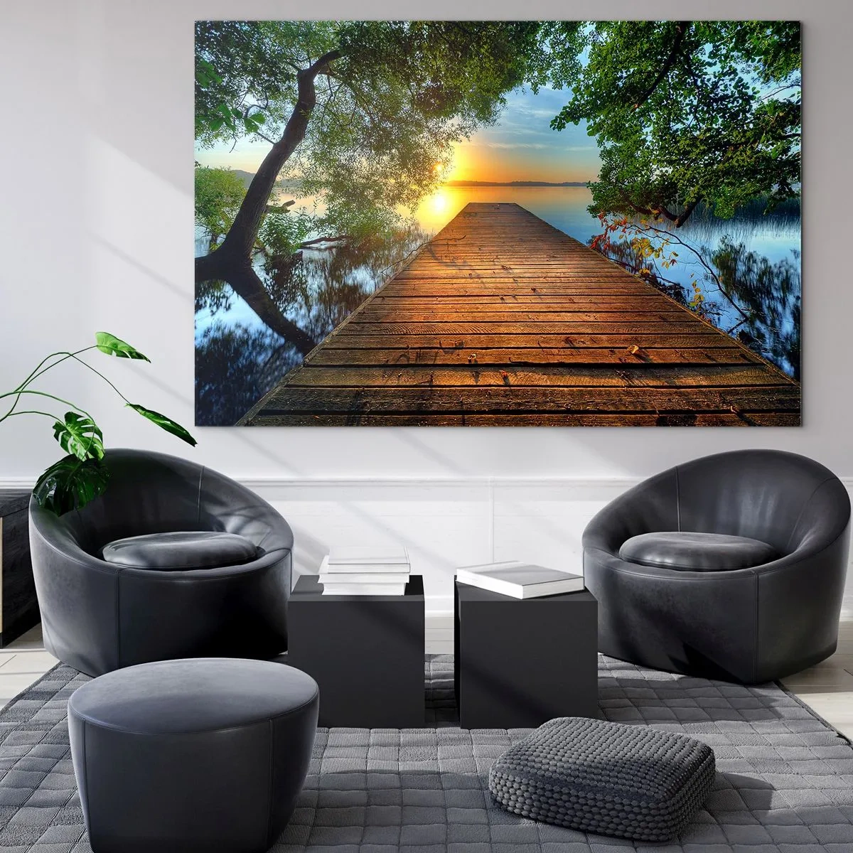 Glasbild - Bild auf glas - Holzsteg über dem See bei Sonnenuntergang - 70x50cm - Nimm dir Zeit, setz dich hin - Moderne Wanddekoration für Wohnzimmer und Schlafzimmer ARTTOR