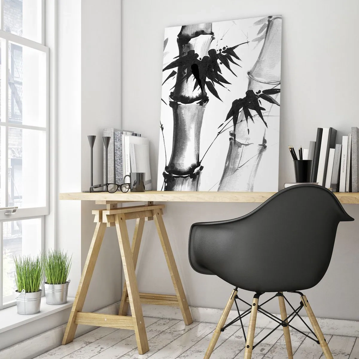 Glasbild - Bild auf glas - Aquarell-Bambus im japanischen Stil auf weißem Hintergrund - 70x100cm - Dem Orient ganz nah - Moderne Wanddekoration für Wohnzimmer und Schlafzimmer ARTTOR