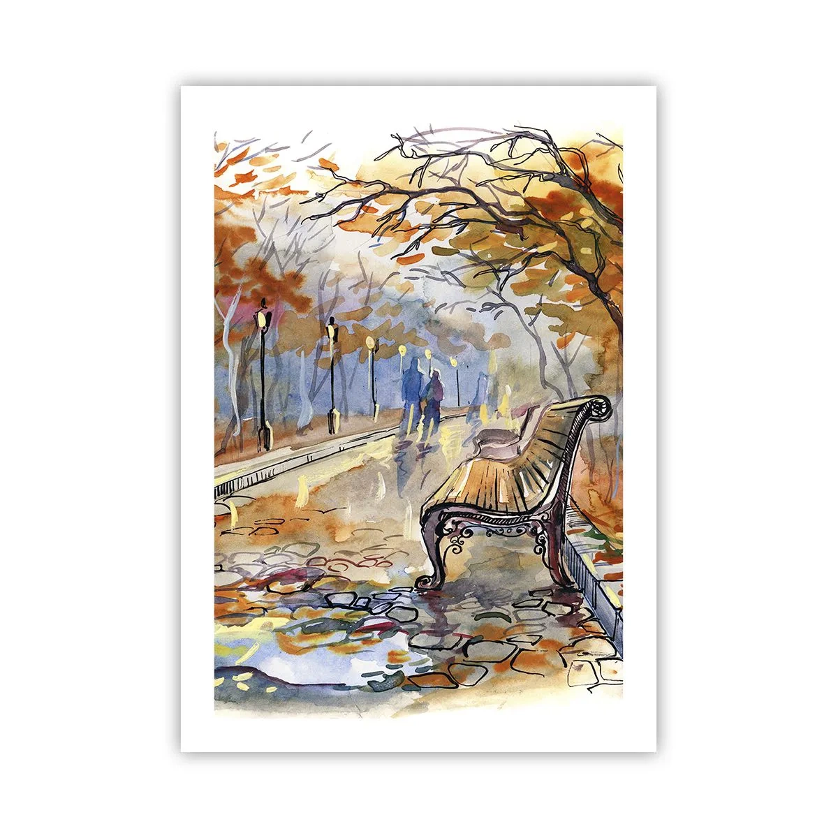 Poster - Bank in einem Herbstpark, Aquarell - 50x70cm - Gemeinsam im Herbst wandern - Moderne Wanddekoration für Wohnzimmer und Schlafzimmer ARTTOR