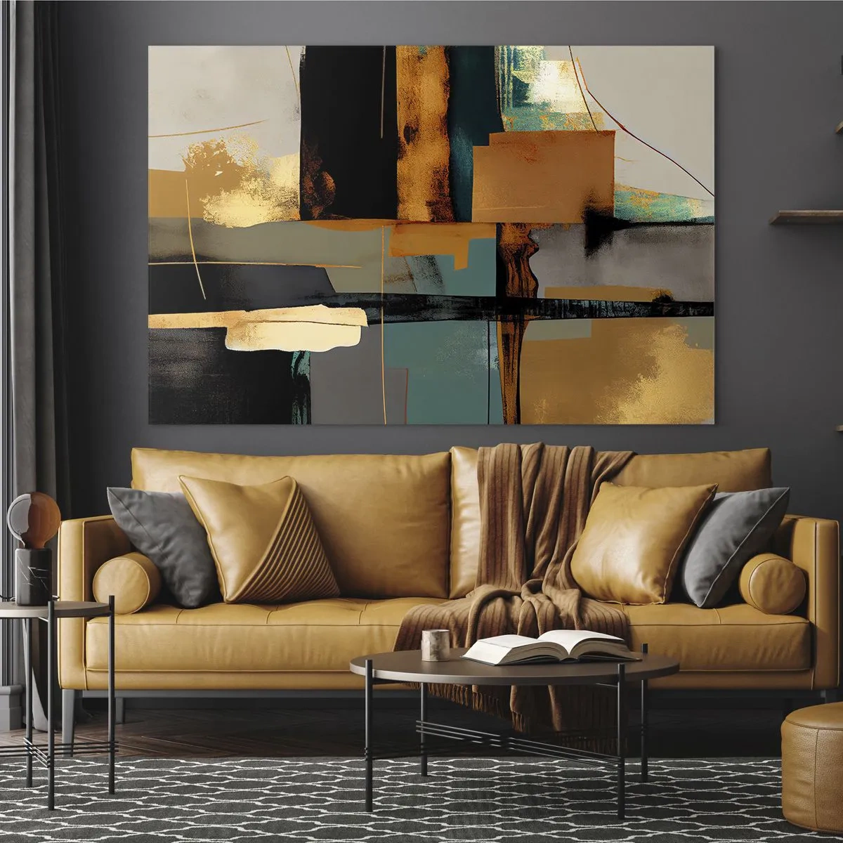 Glasbild - Bild auf glas - Moderne Abstraktion mit kontrastierendem Gold, Schwarz und Türkis - 70x50cm - Abstraktion – Licht und Schatten - Moderne Wanddekoration für Wohnzimmer und Schlafzimmer ARTTOR