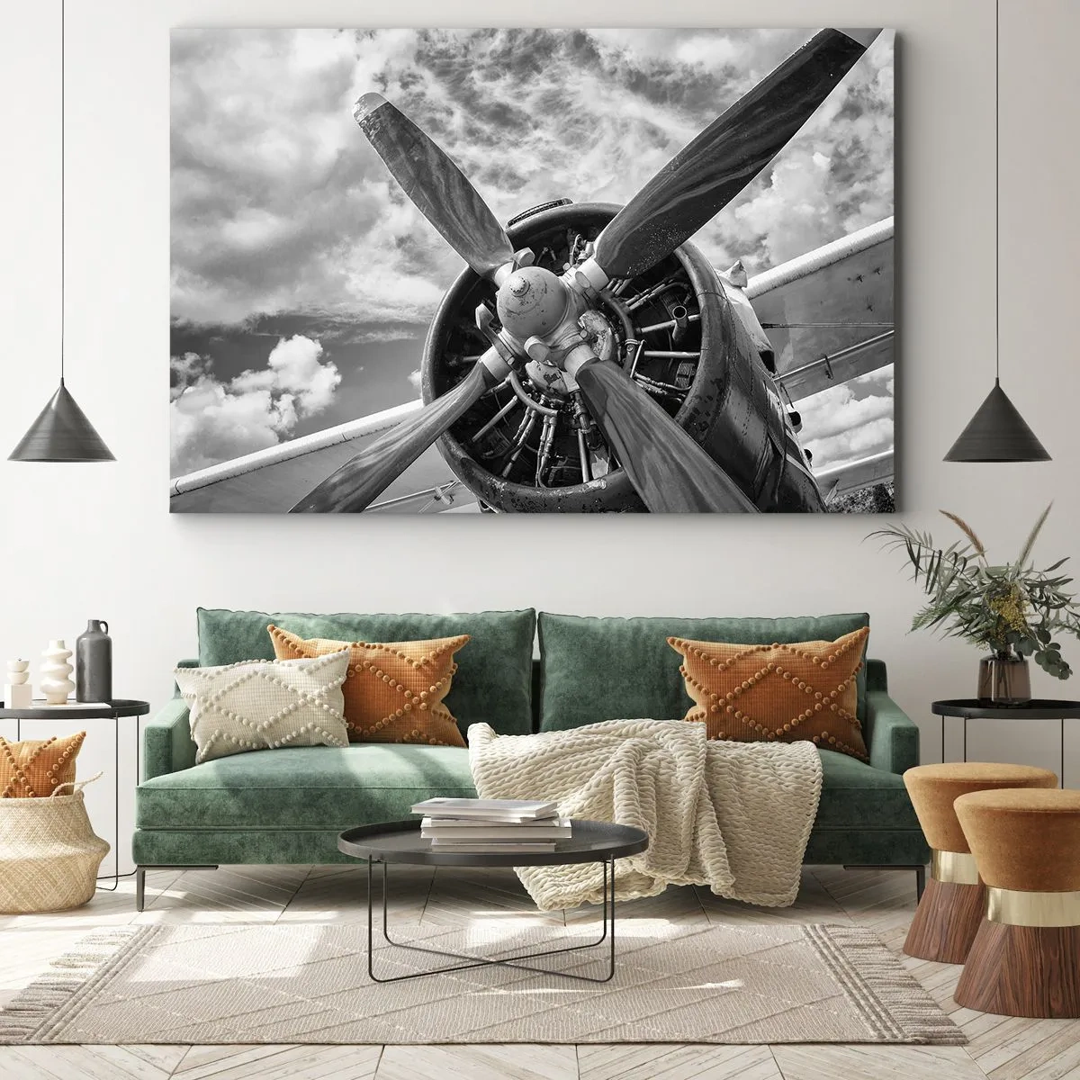 Bild auf Leinwand - Leinwandbild - Ein Schwarzweißfoto eines Flugzeugpropellers vor einem dynamischen Himmel. - 100x70cm - Eroberer der Lüfte - Moderne Wanddekoration für Wohnzimmer und Schlafzimmer ARTTOR