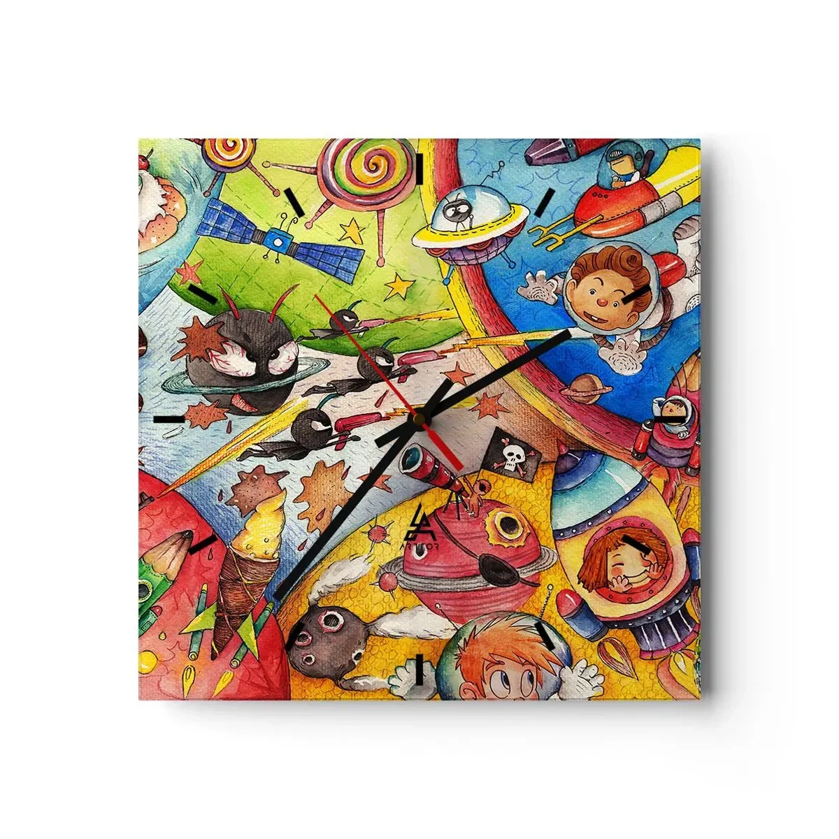 Wanduhr - Glasuhr - Eine bunte Weltraumszene voller Kinder und Raumschiffe - 30x30cm - Tolles Weltraumabenteuer - Moderne Wanddekoration für Wohnzimmer und Schlafzimmer ARTTOR