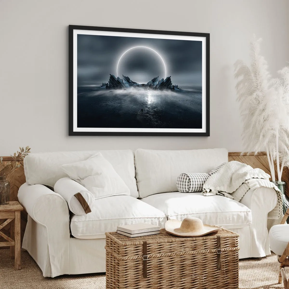 Poster in einem schwarzem Rahmen - Mysteriöse Landschaft mit einem Lichtring über den Bergen - 70x50cm - Ende der Geschichte - Moderne Wanddekoration für Wohnzimmer und Schlafzimmer ARTTOR