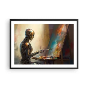Poster in einem schwarzem Rahmen - Ein Roboter, der im künstlerischen Stil auf einer Leinwand malt - 70x50cm - Die Kunst der Zukunft - Moderne Wanddekoration für Wohnzimmer und Schlafzimmer ARTTOR