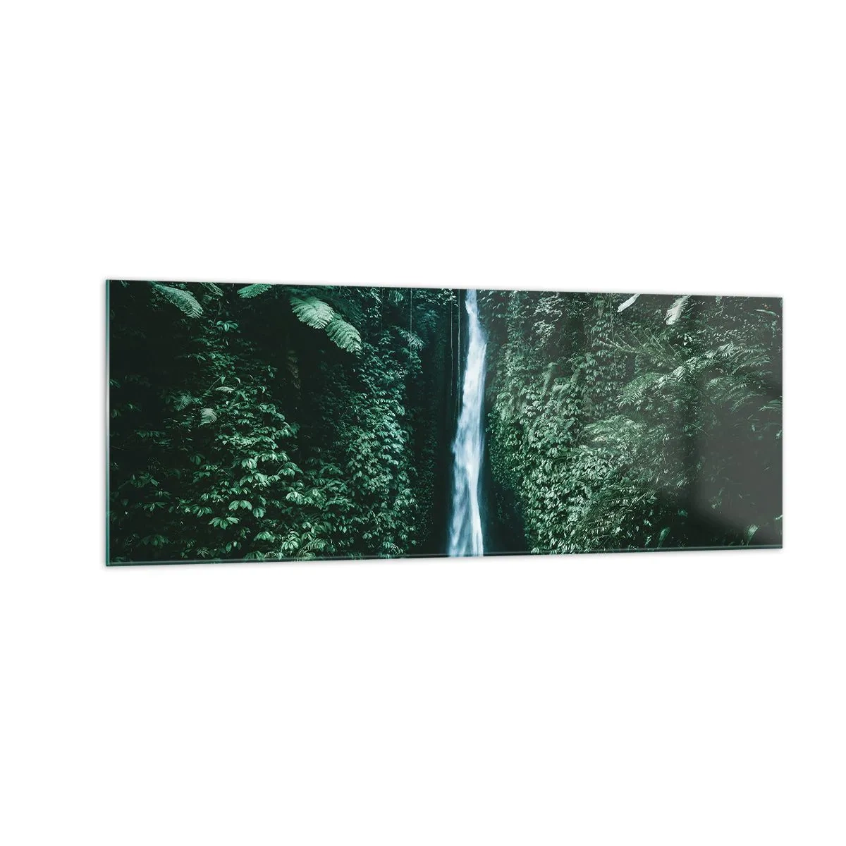 Glasbild - Bild auf glas - Ein Wasserfall, umgeben von dichter tropischer Vegetation - 140x50cm - Tropisches Spa - Moderne Wanddekoration für Wohnzimmer und Schlafzimmer ARTTOR