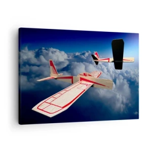 Bild auf Leinwand - Leinwandbild - Zwei Holzflugzeuge schweben über den Wolken vor einem blauen Himmel. - 70x50cm - Noch höher, noch weiter - Moderne Wanddekoration für Wohnzimmer und Schlafzimmer ARTTOR