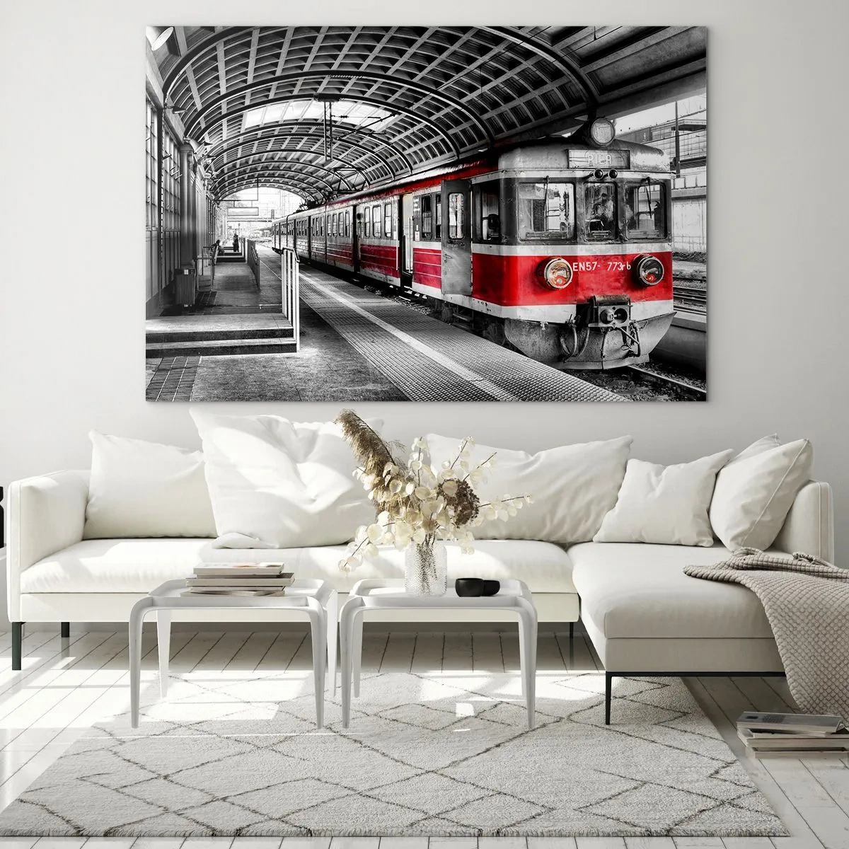 Glasbild - Bild auf glas - Roter Zug am Bahnhof unter einem Dach - 70x50cm - Vielleicht ist es eine Reise Ihres Lebens? - Moderne Wanddekoration für Wohnzimmer und Schlafzimmer ARTTOR