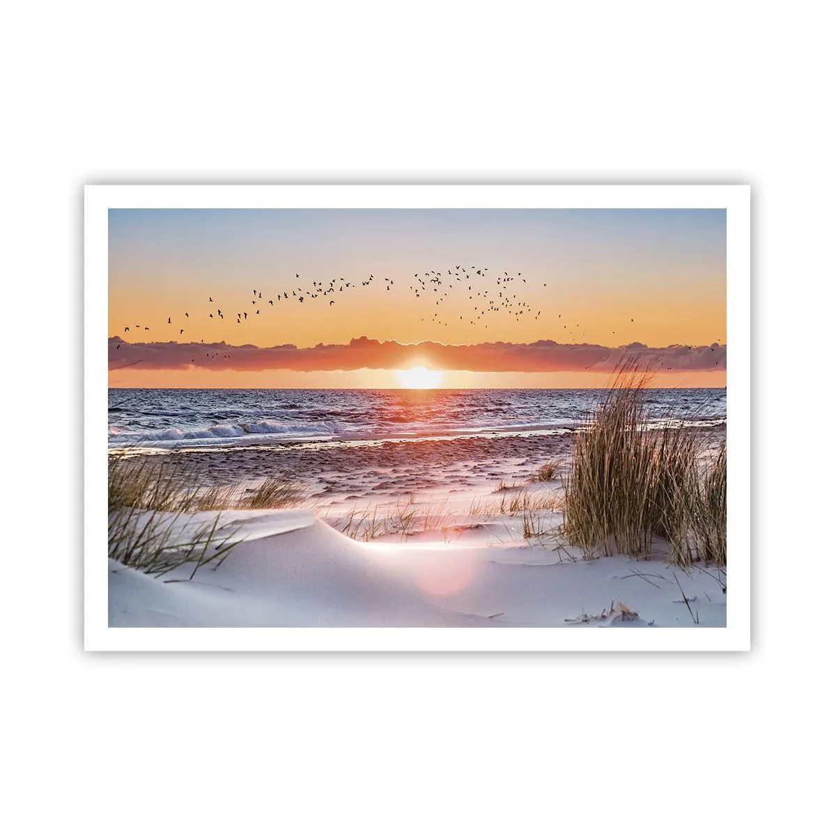 Poster - Sonnenuntergang über dem Meer mit Blick auf die Dünen - 100x70cm - Horizontale Landschaft - Moderne Wanddekoration für Wohnzimmer und Schlafzimmer ARTTOR
