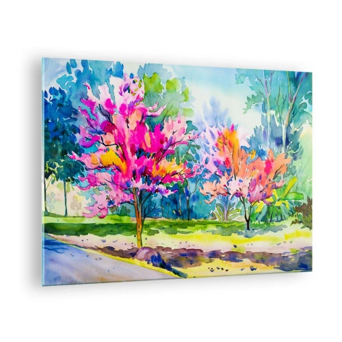 Glasbild - Bild auf glas - Bunte Bäume im Park, gemalt mit Aquarelltechnik - 70x50cm - Regenbogengarten im Frühlingslicht - Moderne Wanddekoration für Wohnzimmer und Schlafzimmer ARTTOR