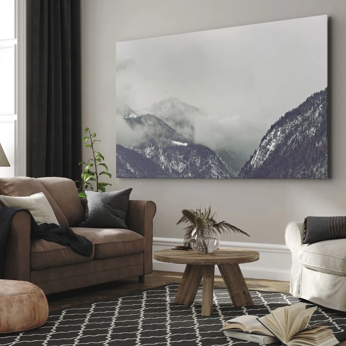 Bild auf Leinwand - Leinwandbild - Ein in Nebel gehülltes Bergtal in Grautönen - 70x50cm - Nebliges Tal - Moderne Wanddekoration für Wohnzimmer und Schlafzimmer ARTTOR