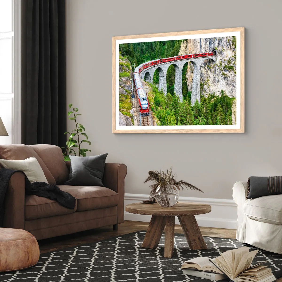 Poster in einem Rahmen aus heller Eiche - Eisenbahn für Bergblick - 50x40 cm