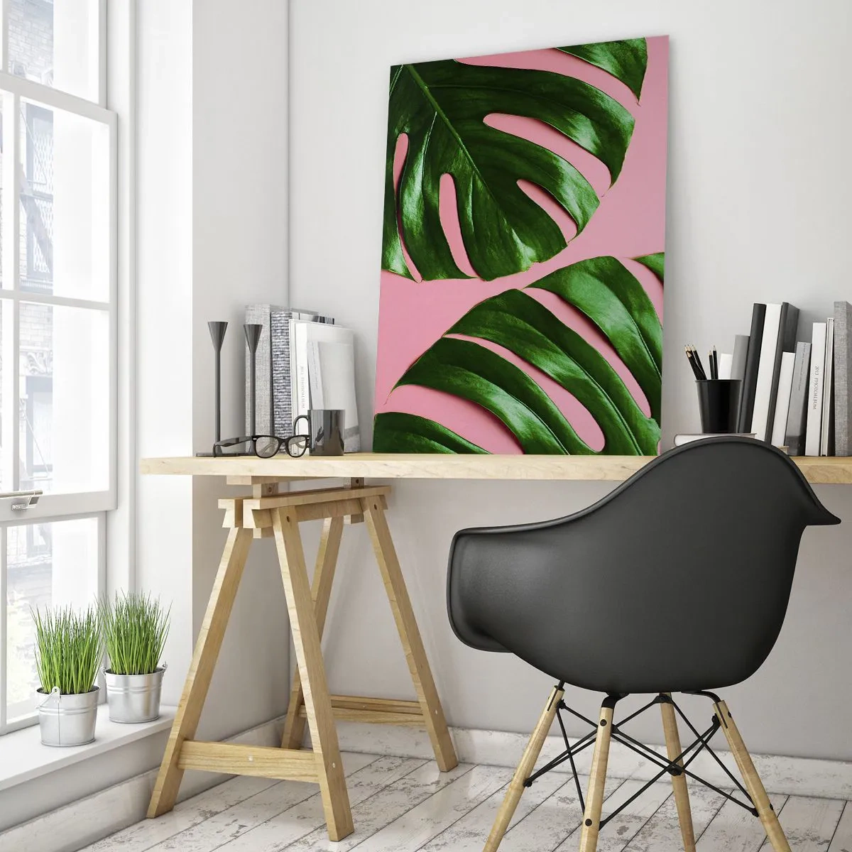 Glasbild - Bild auf glas - Grüne Monstera-Blätter auf rosa Hintergrund - 50x70cm - Rendezvous im Grünen - Moderne Wanddekoration für Wohnzimmer und Schlafzimmer ARTTOR