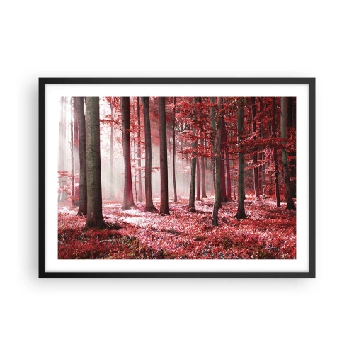 Poster in einem schwarzem Rahmen - Ein atemberaubender Wald in roten Farbtönen mit Lichtstrahlen, die durch die Bäume dringen - 70x50cm - Rot ist genauso schön - Moderne Wanddekoration für Wohnzimmer und Schlafzimmer ARTTOR